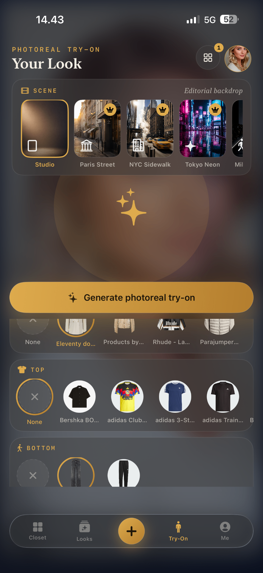 Mirame virtual fitting room scene picker with studio and street backdrops